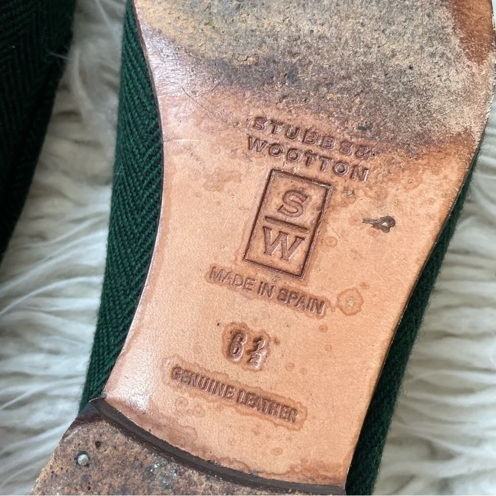 Stubbs and Wootton Women’s Green Herringbone Loafer Flat Shoes EUC Size 6.5